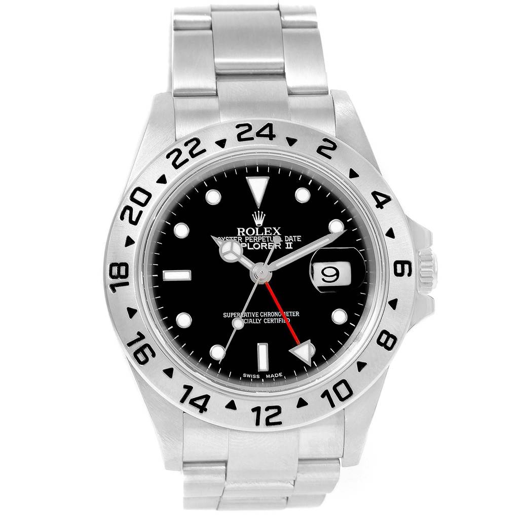 The Rolex Explorer 16570 Men's Stainless Steel Black Dial 16570 Men's Stainless Steel Black Dial watch is shown from a front view, displaying the dial, bezel, and stainless steel bracelet.