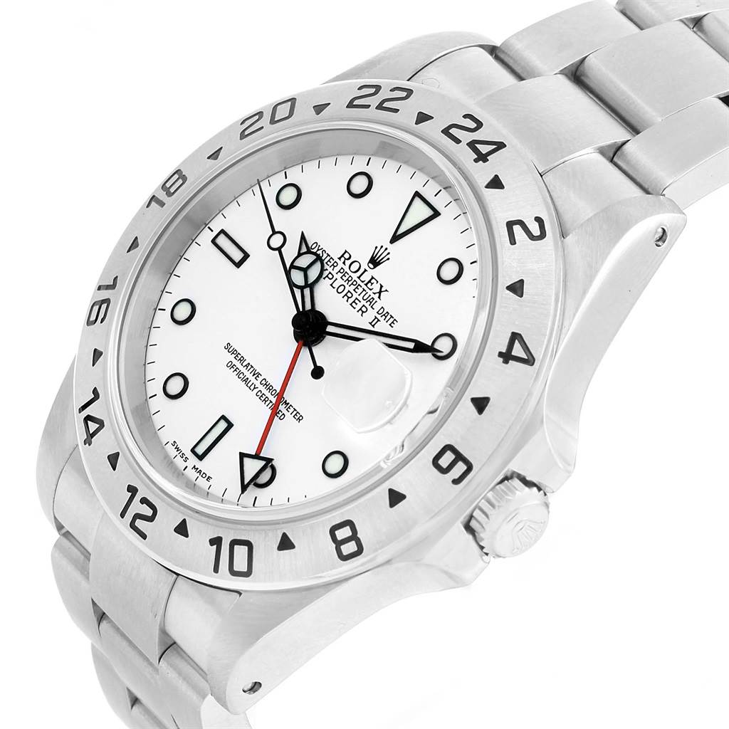 The image shows the Rolex Explorer 16570 Men's Stainless Steel White Dial 16570 Men's Stainless Steel White Dial watch at a 3/4 angle, displaying the face, bezel, crown, and part of the bracelet.