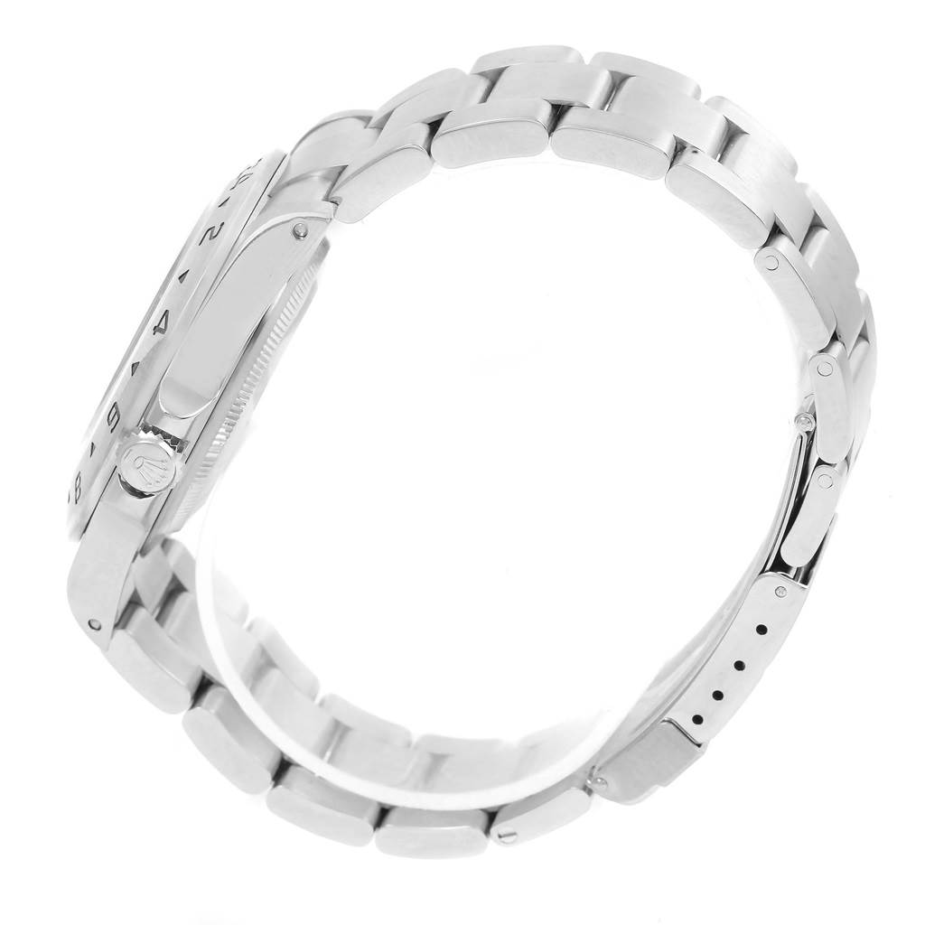 The image shows a side angle of the Rolex Explorer 16570 Men's Stainless Steel White Dial 16570 Men's Stainless Steel White Dial watch, highlighting the bracelet, case, and crown.