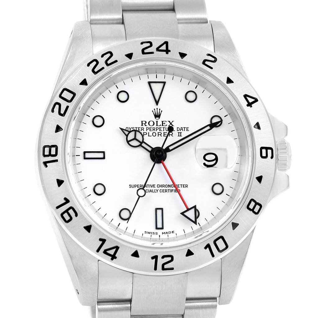 The image shows a front view of the Rolex Explorer 16570 Men's Stainless Steel White Dial 16570 Men's Stainless Steel White Dial watch, highlighting its white dial, numerals, and stainless steel bracelet.