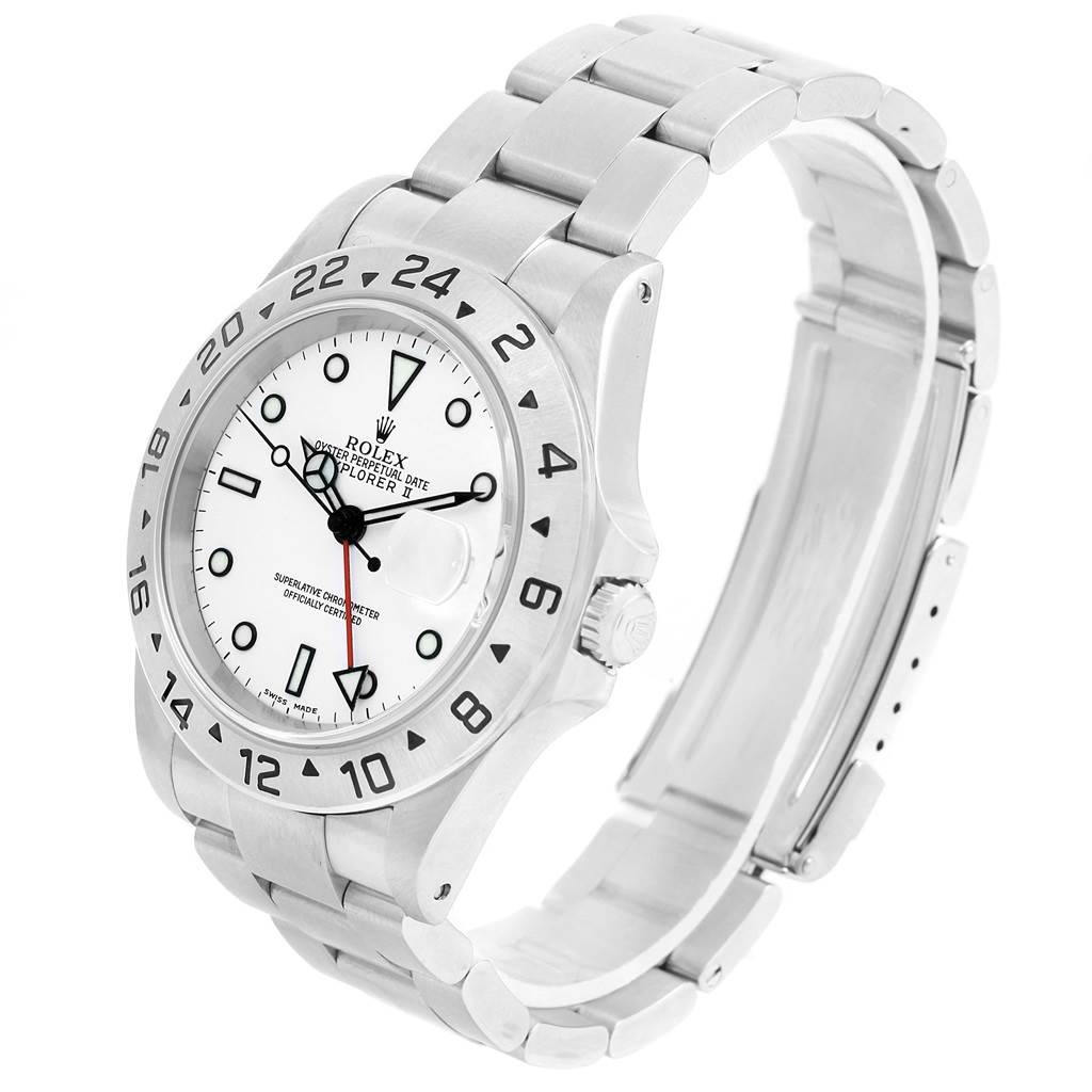 The Rolex Explorer 16570 Men's Stainless Steel White Dial 16570 Men's Stainless Steel White Dial watch is shown at a three-quarter angle, highlighting the face, bezel, crown, and bracelet.