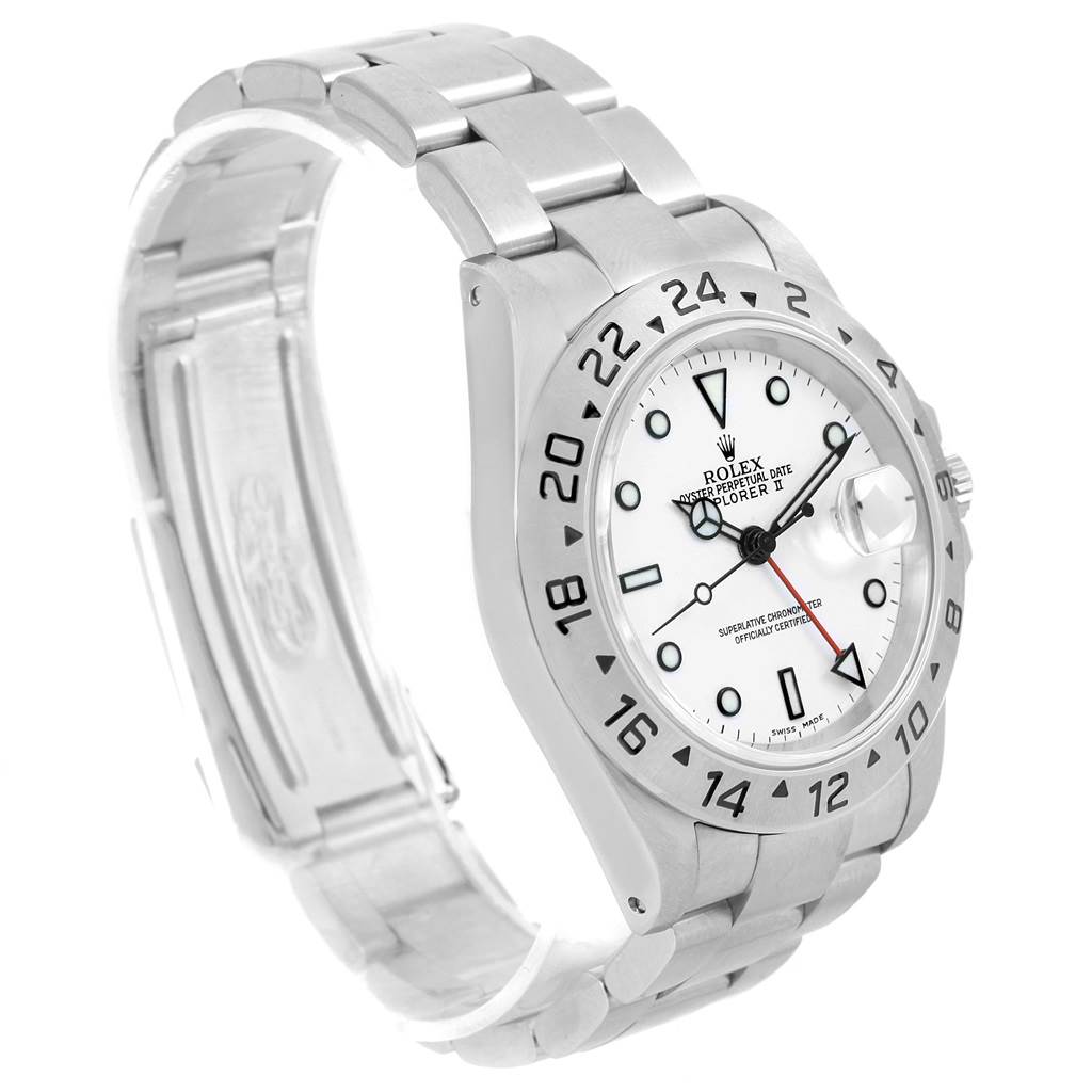 This image shows a Rolex Explorer 16570 Men's Stainless Steel White Dial 16570 Men's Stainless Steel White Dial watch taken from an angled side view, displaying the face, bezel, crown, and bracelet.