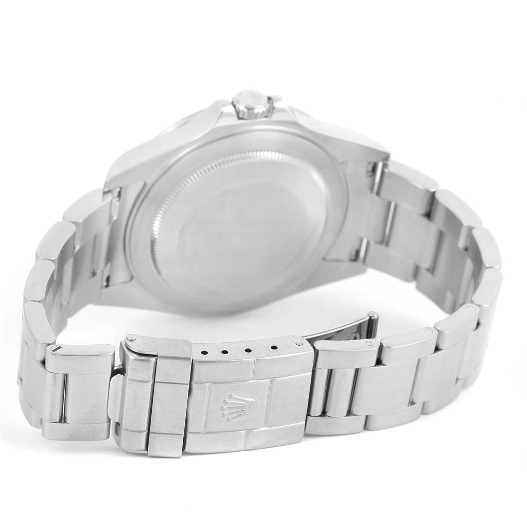 The image shows the back view of a Rolex Explorer 16570 Men's Stainless Steel White Dial 16570 Men's Stainless Steel White Dial watch, highlighting the case back, bracelet, and clasp.