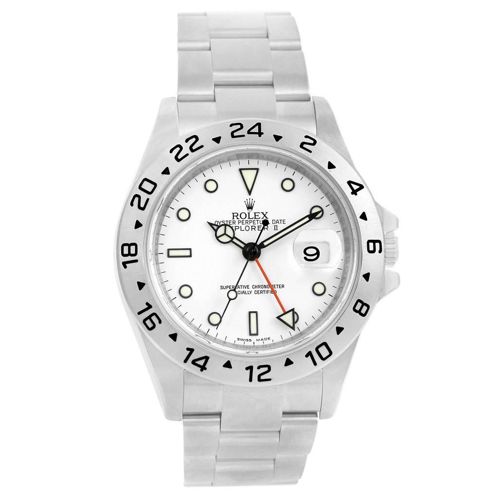 The Rolex Explorer 16570 Men's Stainless Steel White Dial 16570 Men's Stainless Steel White Dial model watch is shown from the front, displaying its white dial, date window, and stainless steel bracelet.