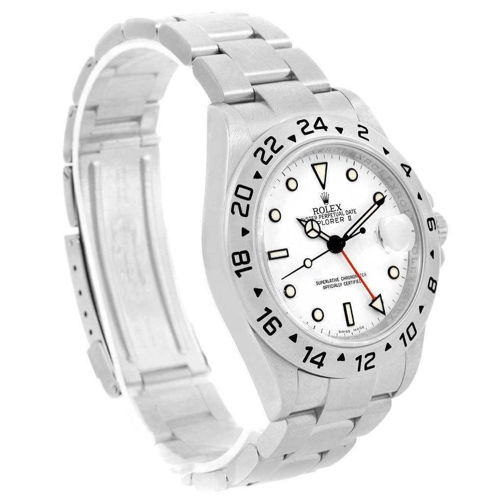 The Rolex Explorer 16570 Men's Stainless Steel White Dial 16570 Men's Stainless Steel White Dial watch is shown at a three-quarter angle, showcasing its face, bezel, case, and partially opened metal bracelet.