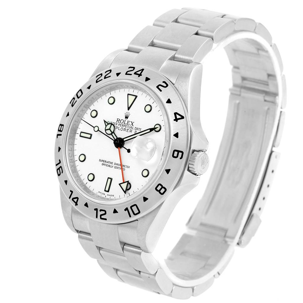 The Rolex Explorer 16570 Men's Stainless Steel White Dial 16570 Men's Stainless Steel White Dial model watch is shown at a three-quarter angle displaying the face, bezel, crown, and bracelet.