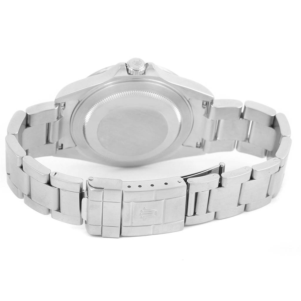 The image shows the back of a Rolex Explorer 16570 Men's Stainless Steel White Dial 16570 Men's Stainless Steel White Dial watch, highlighting its case, crown, and bracelet with clasp.