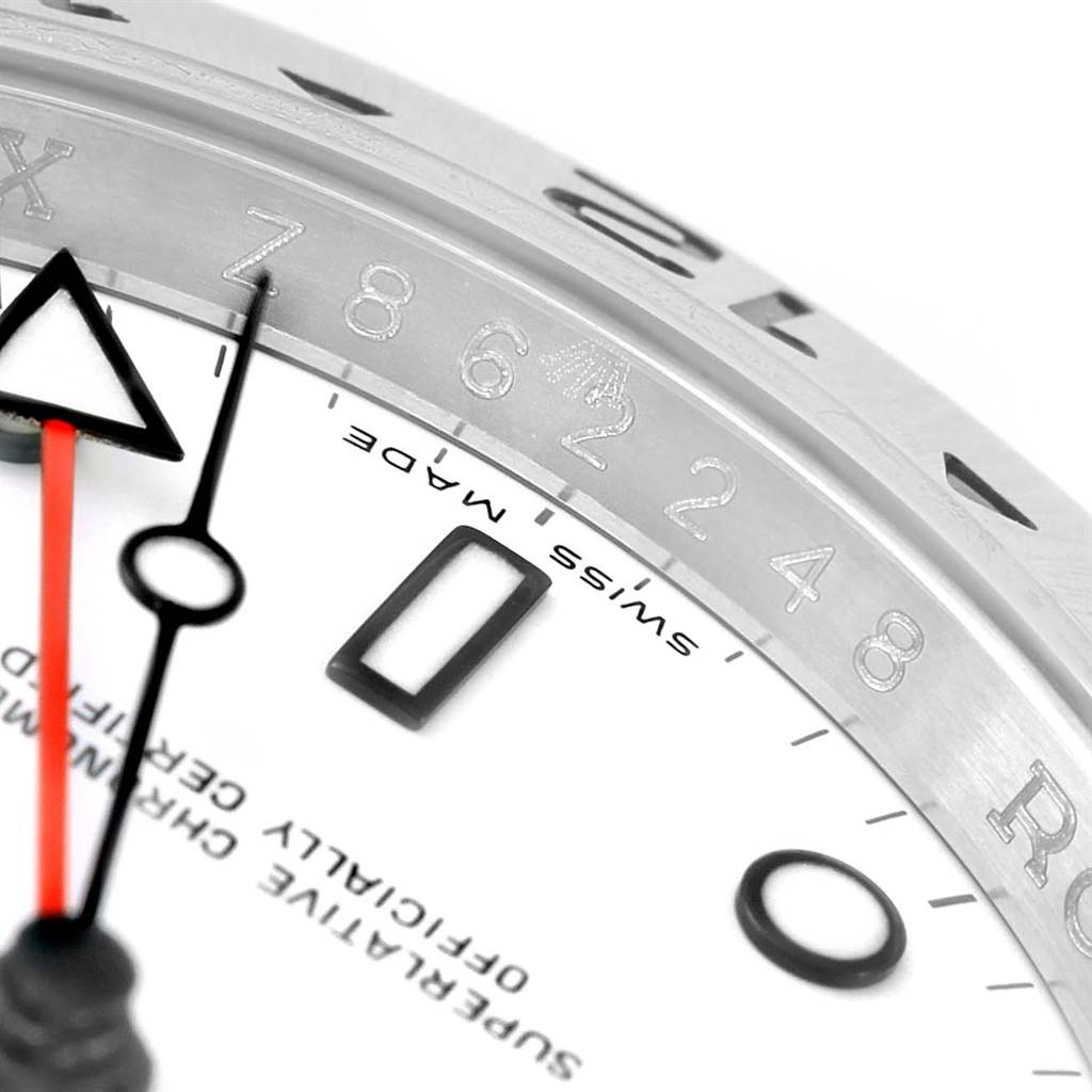 The image shows a close-up of a Rolex Explorer 16570 Men's Stainless Steel White Dial 16570 Men's Stainless Steel White Dial watch, highlighting its bezel, dial, hour markers, and hands.