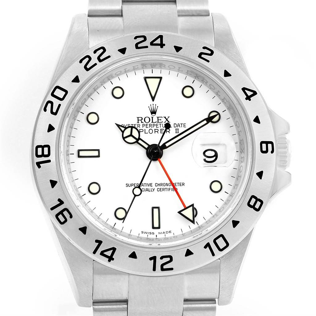 The image shows a front view of a Rolex Explorer 16570 Men's Stainless Steel White Dial 16570 Men's Stainless Steel White Dial watch, highlighting its white dial, date window, and 24-hour bezel.