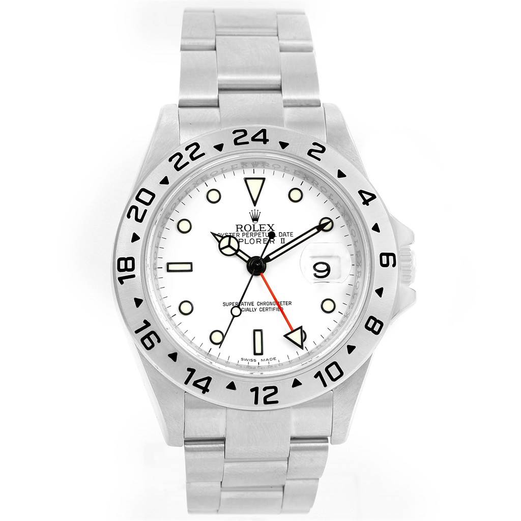 The image shows a front view of a Rolex Explorer 16570 Men's Stainless Steel White Dial 16570 Men's Stainless Steel White Dial II, displaying its face, bezel, and part of the bracelet.
