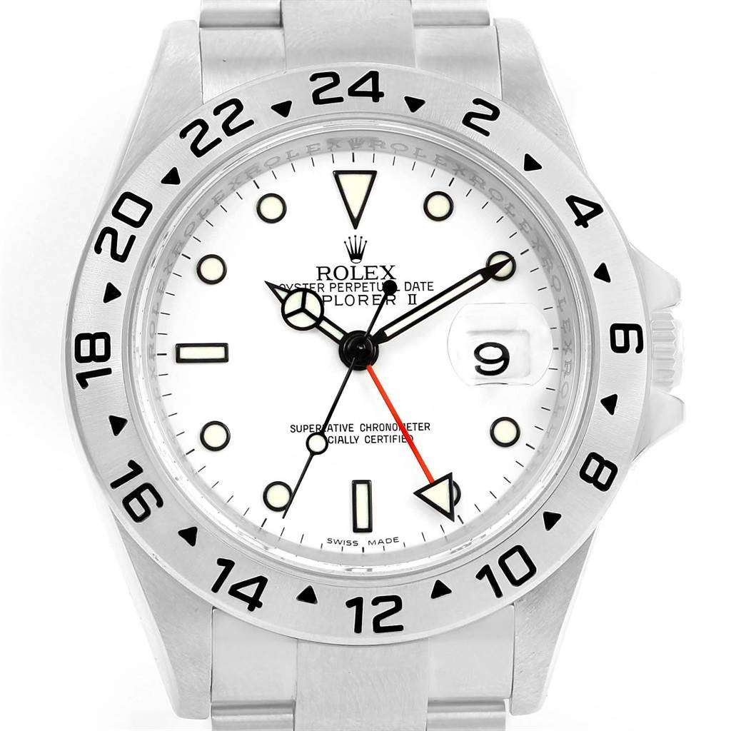 The image shows a Rolex Explorer 16570 Men's Stainless Steel White Dial 16570 Men's Stainless Steel White Dial watch face from a front-angle view, highlighting the dial, hands, date window, and bezel.