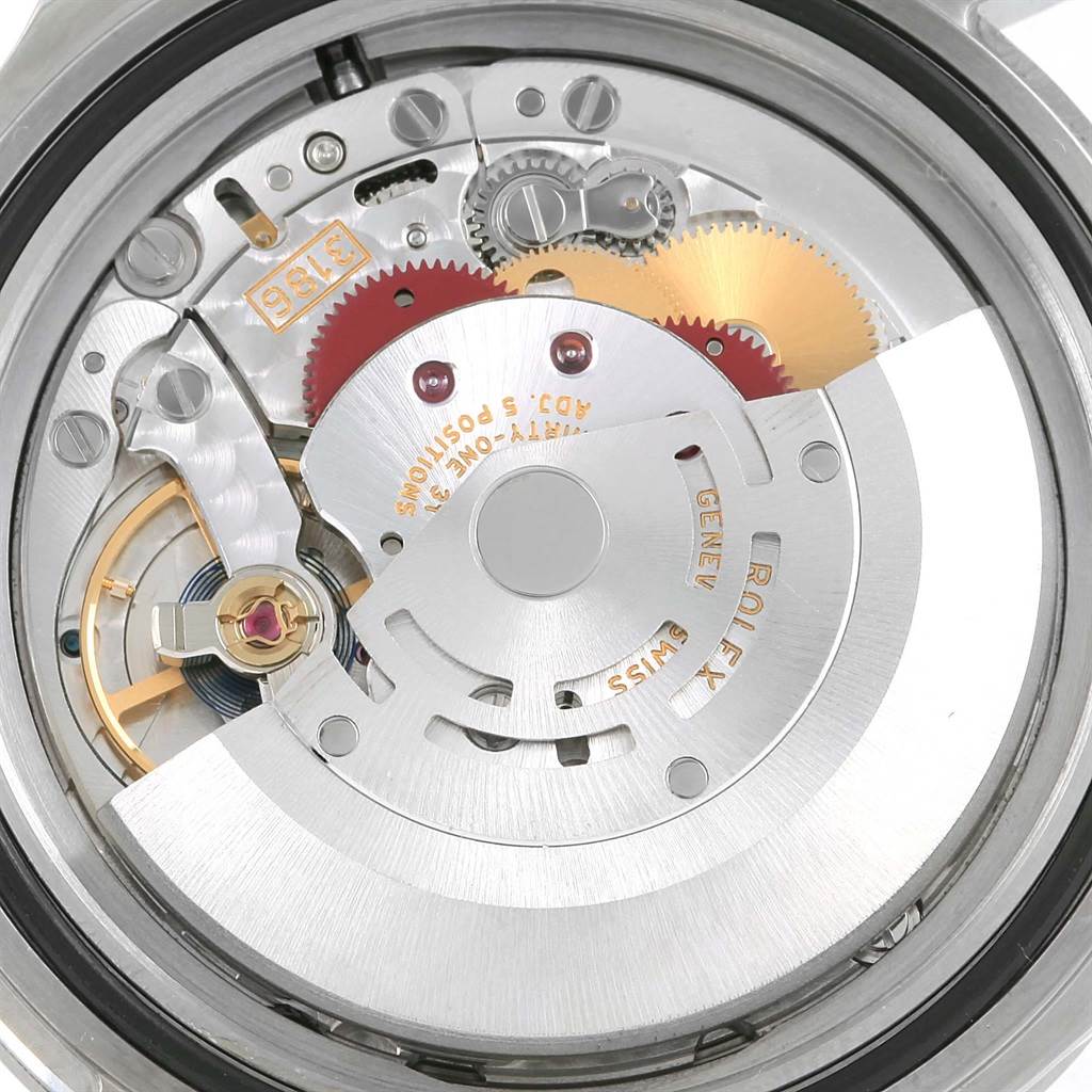 This is a close-up view of the movement mechanism of a Rolex Explorer 16570 Men's Stainless Steel White Dial 16570 Men's Stainless Steel White Dial watch.