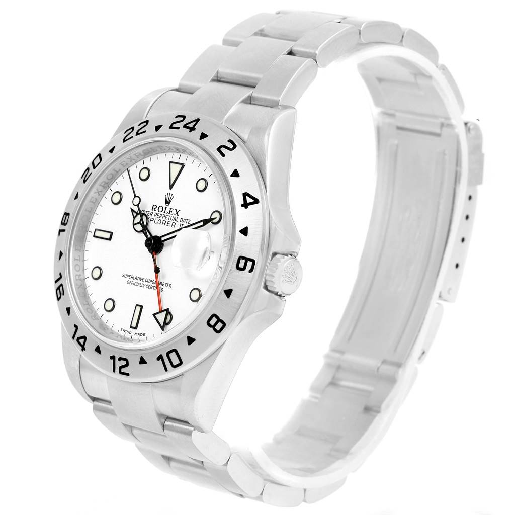 The image shows a side and top view of a Rolex Explorer 16570 Men's Stainless Steel White Dial 16570 Men's Stainless Steel White Dial watch, highlighting its bezel, dial, bracelet, and crown.