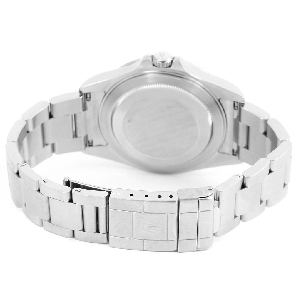 This image shows the back view of a Rolex Explorer 16570 Men's Stainless Steel White Dial 16570 Men's Stainless Steel White Dial watch, highlighting its clasp, bracelet, and caseback.