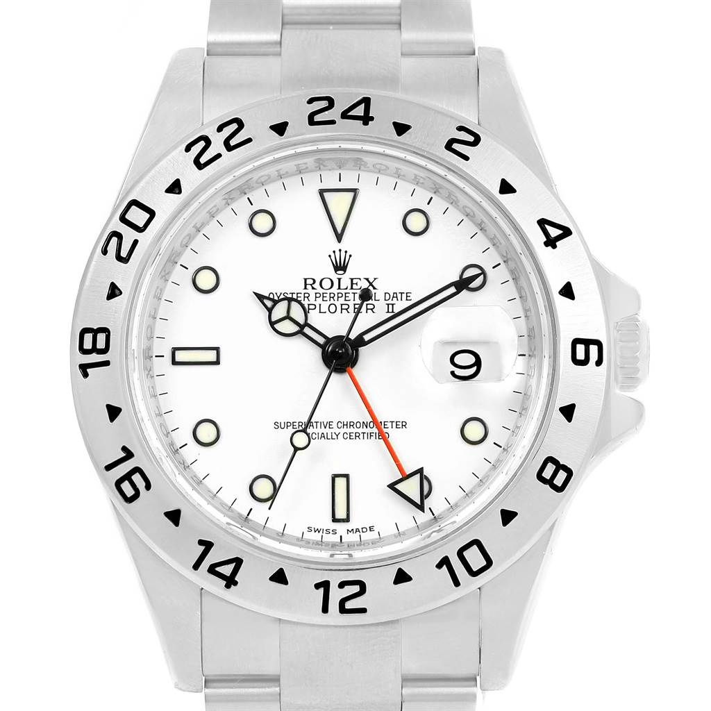 The image shows a front view of the Rolex Explorer 16570 Men's Stainless Steel White Dial 16570 Men's Stainless Steel White Dial watch, displaying its dial, bezel, and part of the bracelet.