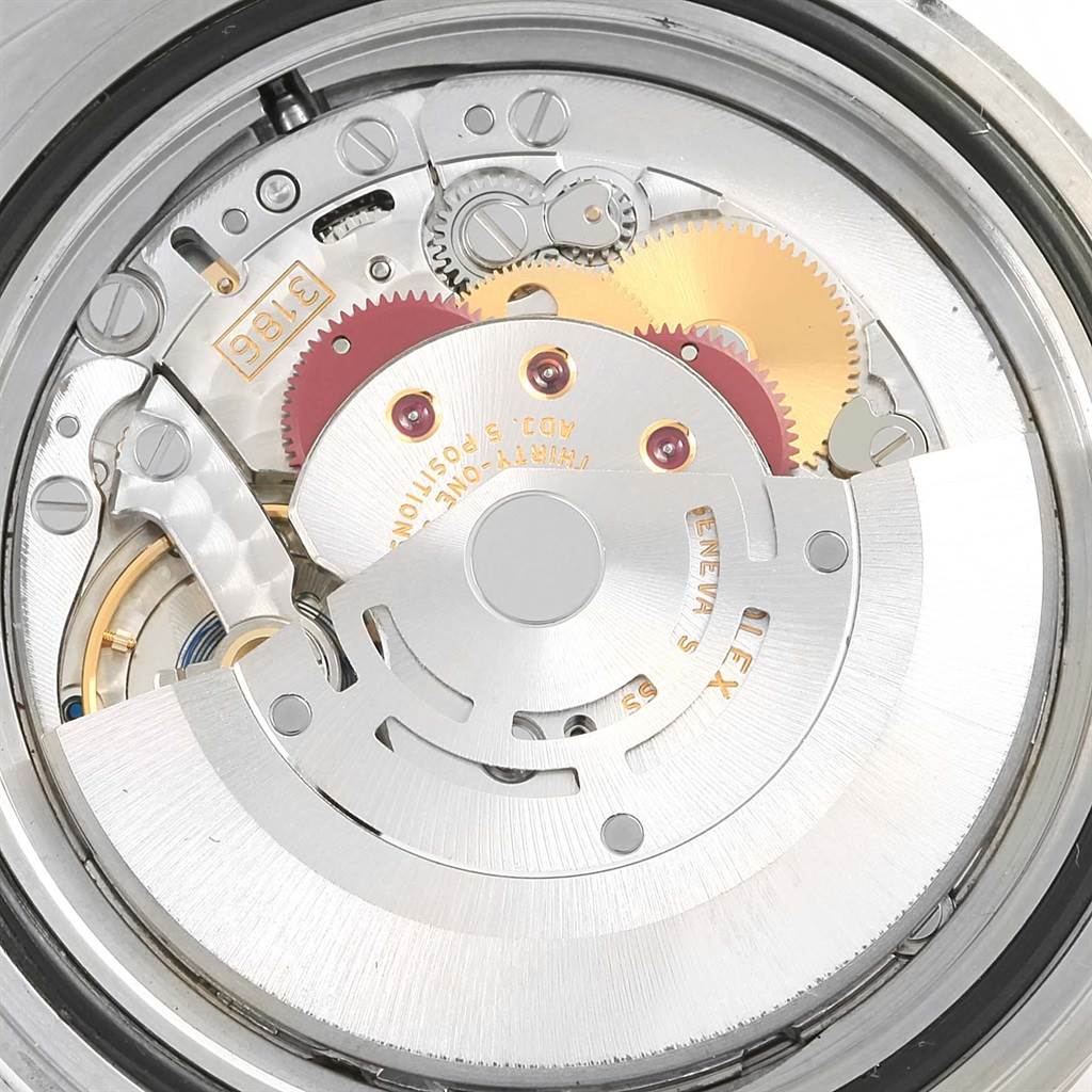 This image shows the intricate rotor and internal mechanics of a Rolex Explorer 16570 Men's Stainless Steel White Dial 16570 Men's Stainless Steel White Dial model watch from a back casing view.