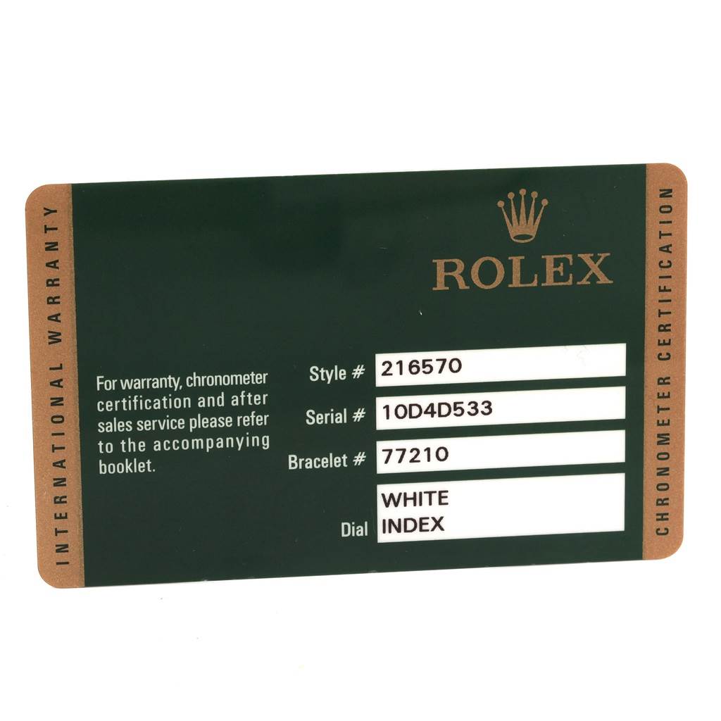 This is a close-up image of the warranty card for the Rolex Explorer 216570 Men
s Stainless Steel White Dial 216570 Men
s Stainless Steel White Dial model, showing the style, serial, bracelet number, and dial details.