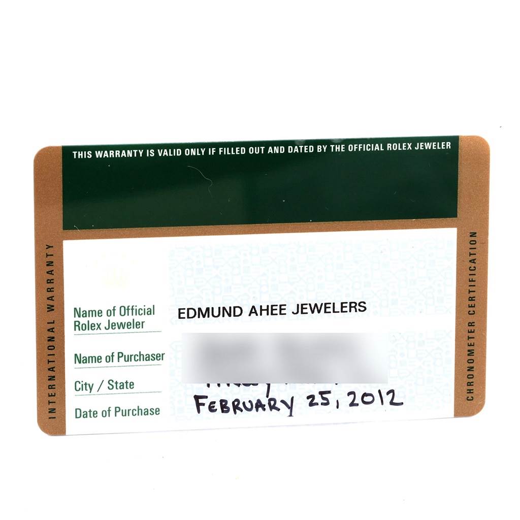 This image shows the warranty card for a Rolex Explorer 216570 Men
s Stainless Steel White Dial 216570 Men
s Stainless Steel White Dial watch.