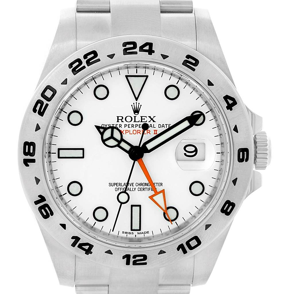 The image shows a front view of the Rolex Explorer 216570 Men
s Stainless Steel White Dial 216570 Men
s Stainless Steel White Dial watch, highlighting the dial, case, bezel, and part of the bracelet.