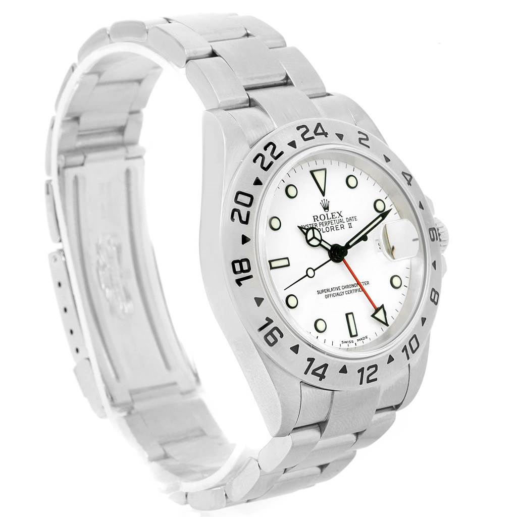 The image shows a Rolex Explorer 16570 Men
s Stainless Steel White Dial 16570 Men
s Stainless Steel White Dial watch, angled to display the face, bezel, and part of the stainless steel bracelet.