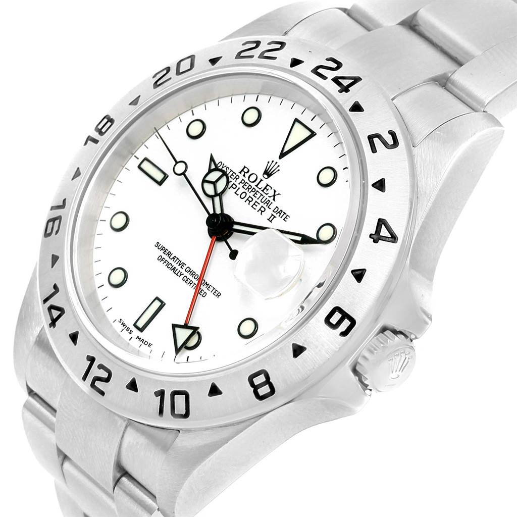 This image shows a close-up, slightly angled view of the Rolex Explorer 16570 Men
s Stainless Steel White Dial 16570 Men
s Stainless Steel White Dial watch, showcasing its white dial, bezel, and part of the bracelet.