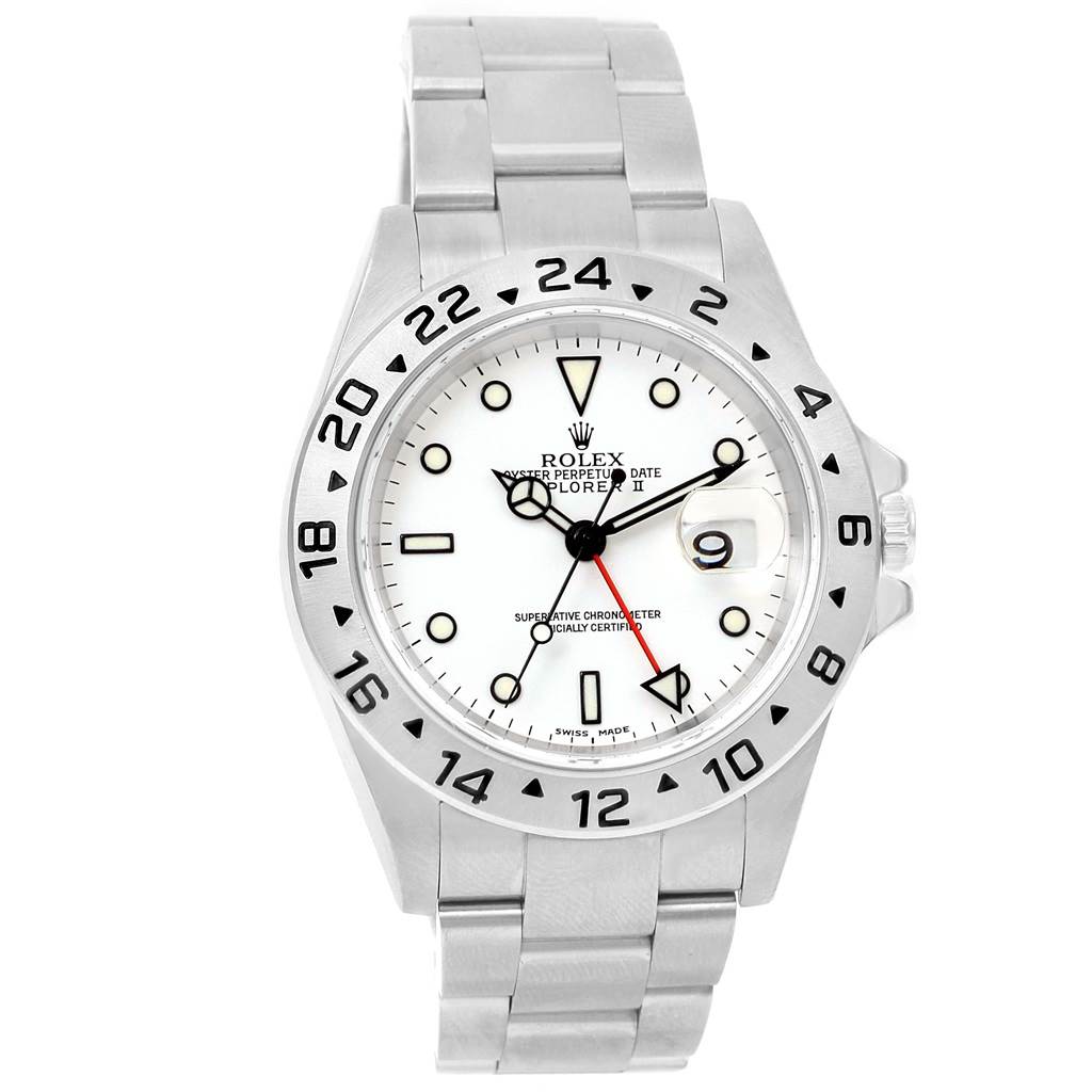 This image shows a front view of the Rolex Explorer 16570 Men
s Stainless Steel White Dial 16570 Men
s Stainless Steel White Dial watch, highlighting its dial, bezel, and bracelet.