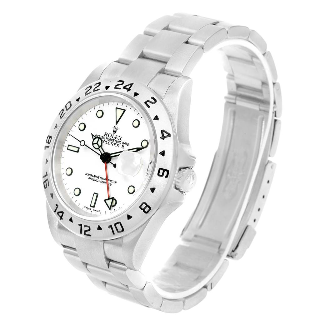 The image shows a side-angle view of the Rolex Explorer 16570 Men
s Stainless Steel White Dial 16570 Men
s Stainless Steel White Dial watch, displaying its bezel, dial, and part of the bracelet.