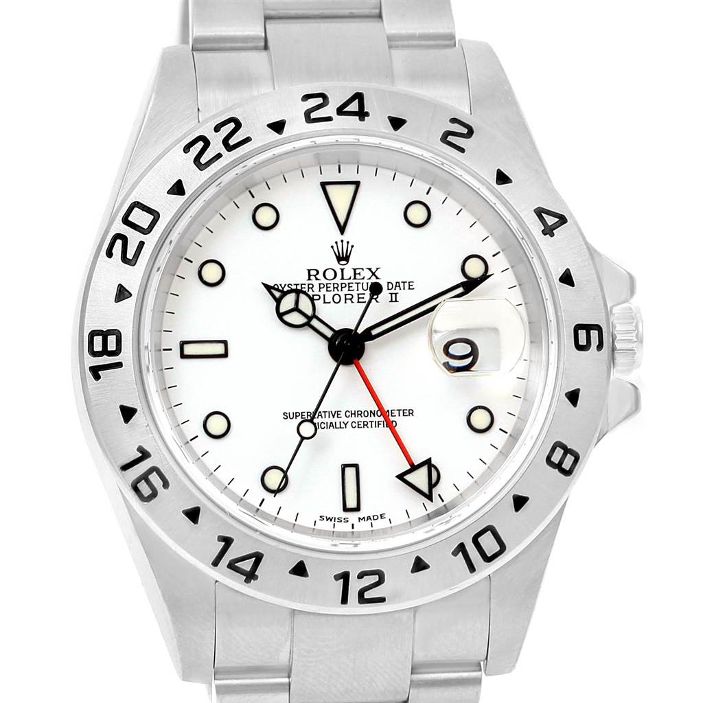 The image shows a frontal view of a Rolex Explorer 16570 Men
s Stainless Steel White Dial 16570 Men
s Stainless Steel White Dial watch, displaying the face, hands, bezel, and part of the bracelet.