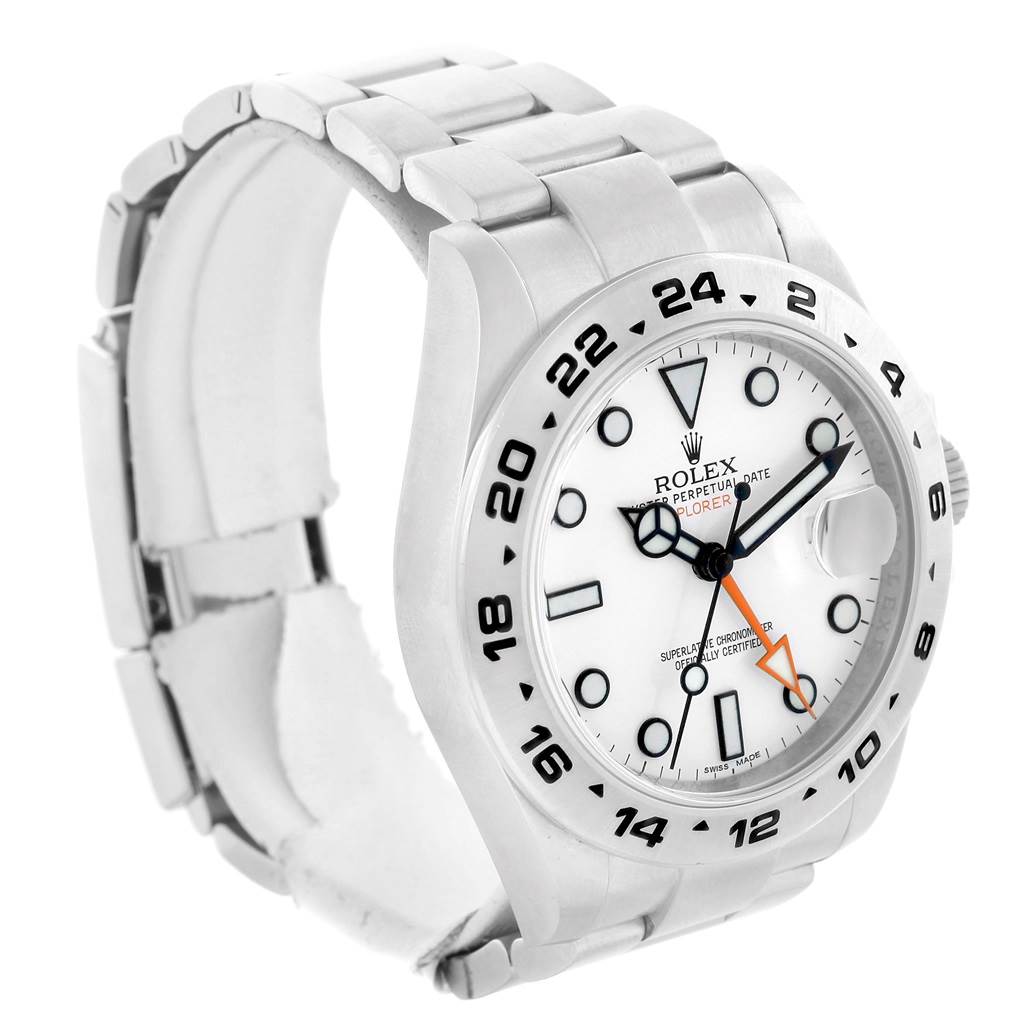 The image shows a front and slight side angle of a Rolex Explorer 216570 Men's Stainless Steel White Dial 216570 Men's Stainless Steel White Dial watch, highlighting the dial, bezel, and bracelet.