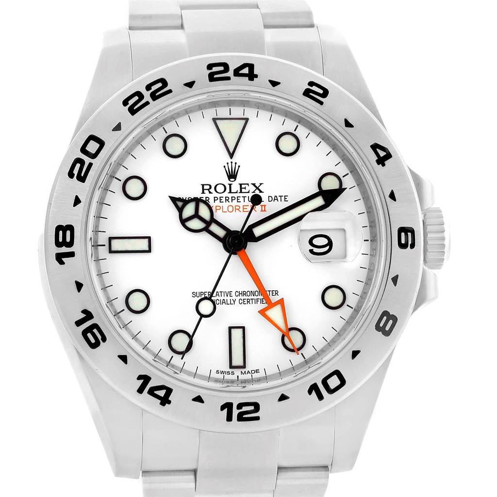 The image shows a front view of the Rolex Explorer 216570 Men's Stainless Steel White Dial 216570 Men's Stainless Steel White Dial watch with a white dial and stainless steel bracelet.