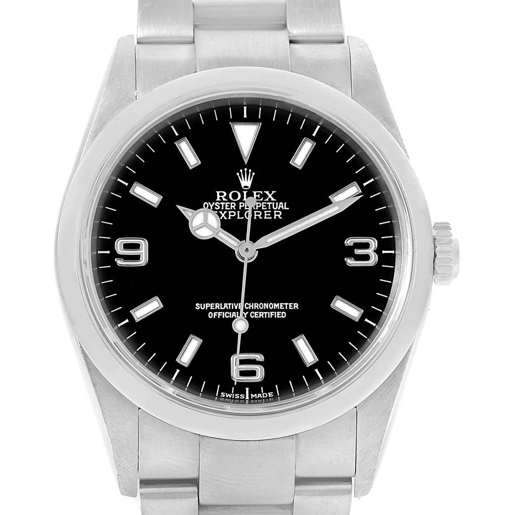 The image shows a Rolex Explorer 114270 Men's Stainless Steel Black Dial 114270 Men's Stainless Steel Black Dial watch from a front angle, displaying the dial, hands, crown, and part of the bracelet.