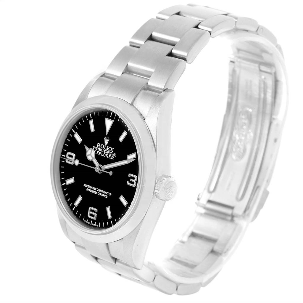 The image shows a Rolex Explorer 114270 Men's Stainless Steel Black Dial 114270 Men's Stainless Steel Black Dial watch from a three-quarter angle, highlighting the dial, bezel, crown, and metal bracelet.