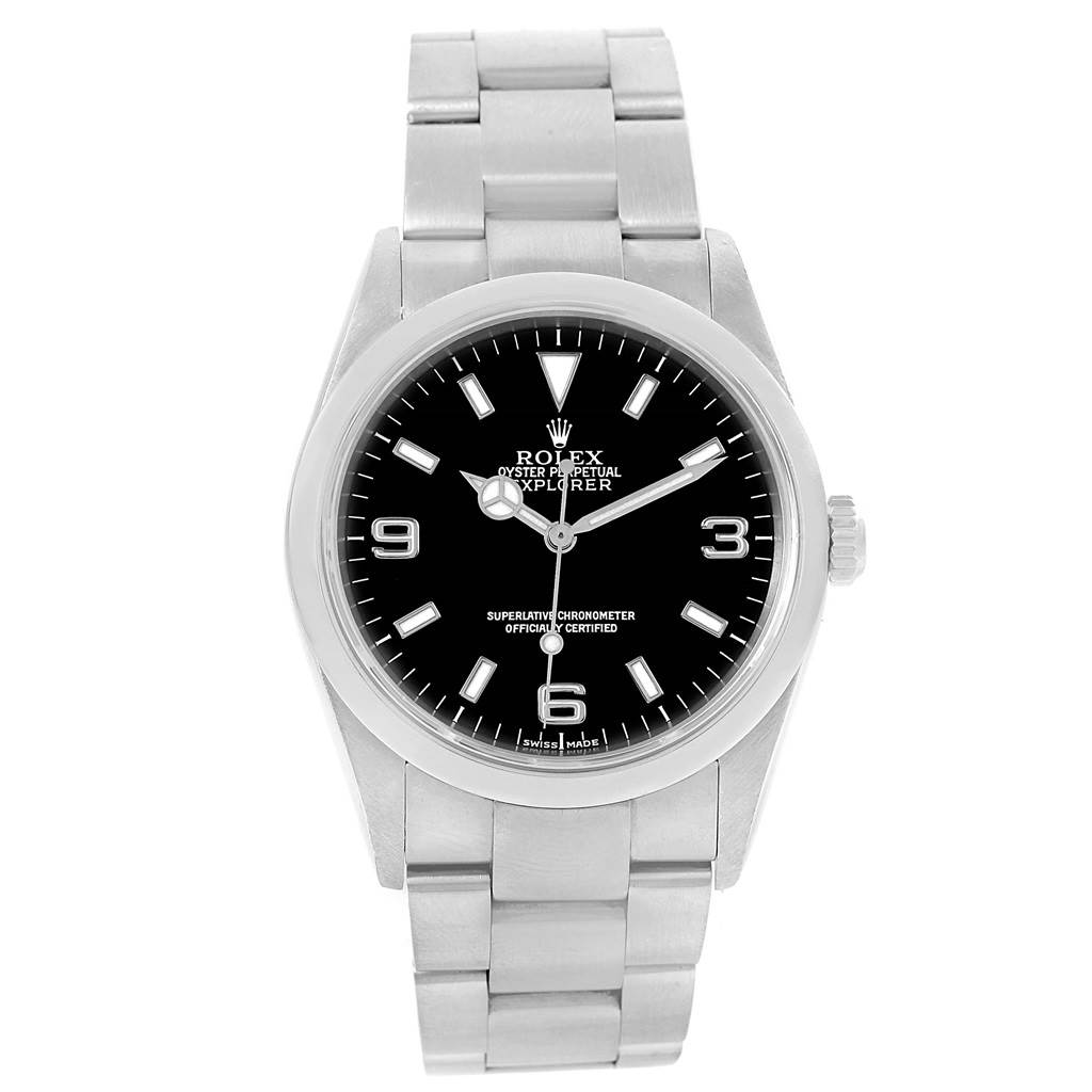 The image shows a front view of the Rolex Explorer 114270 Men's Stainless Steel Black Dial 114270 Men's Stainless Steel Black Dial watch, including its dial, bezel, and stainless steel bracelet.