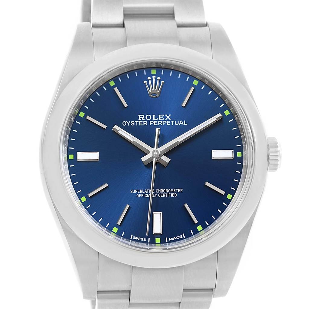This image shows the front view of a Rolex Explorer 114300 Men's Stainless Steel Blue Dial 114300 Men's Stainless Steel Blue Dial model watch, featuring its blue dial and stainless steel bracelet.