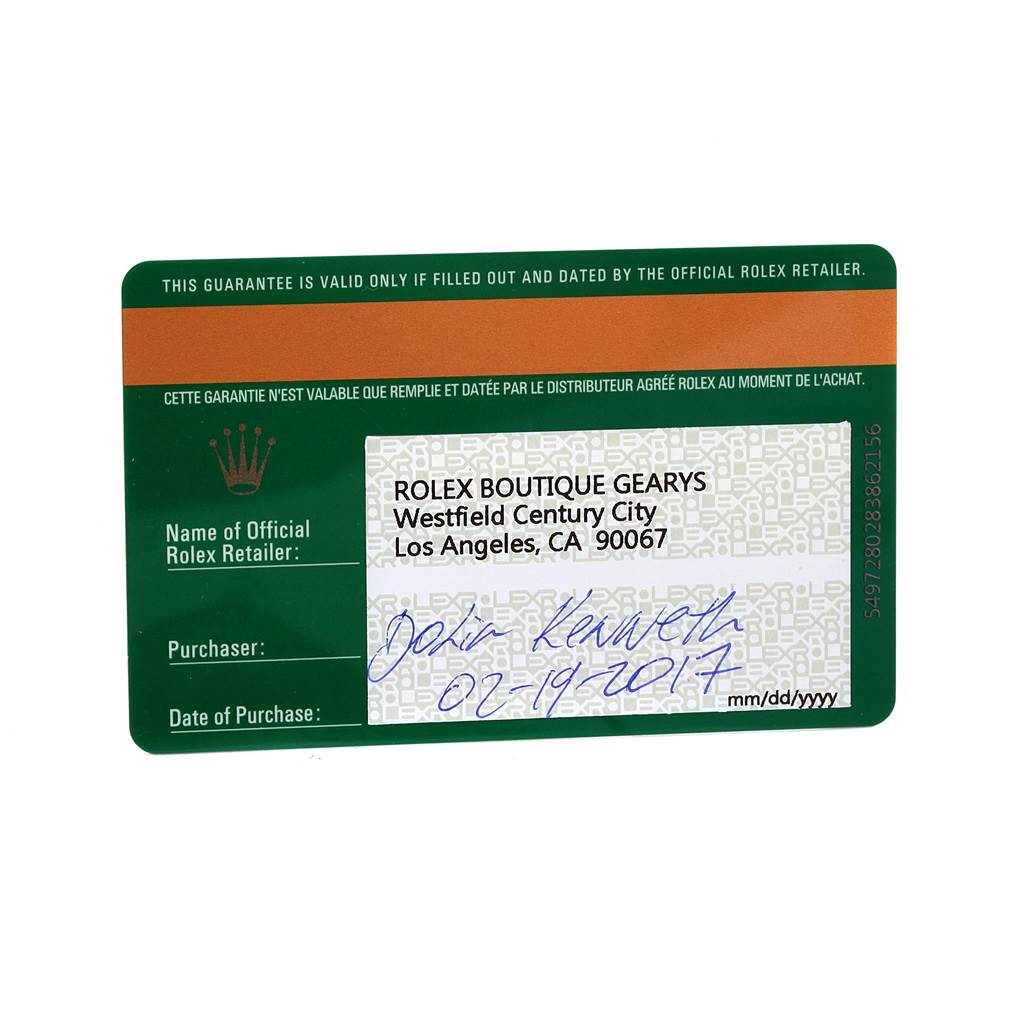 The image shows a warranty card for a Rolex Explorer 114300 Men's Stainless Steel Blue Dial 114300 Men's Stainless Steel Blue Dial model, featuring purchase details and the retailer's information.