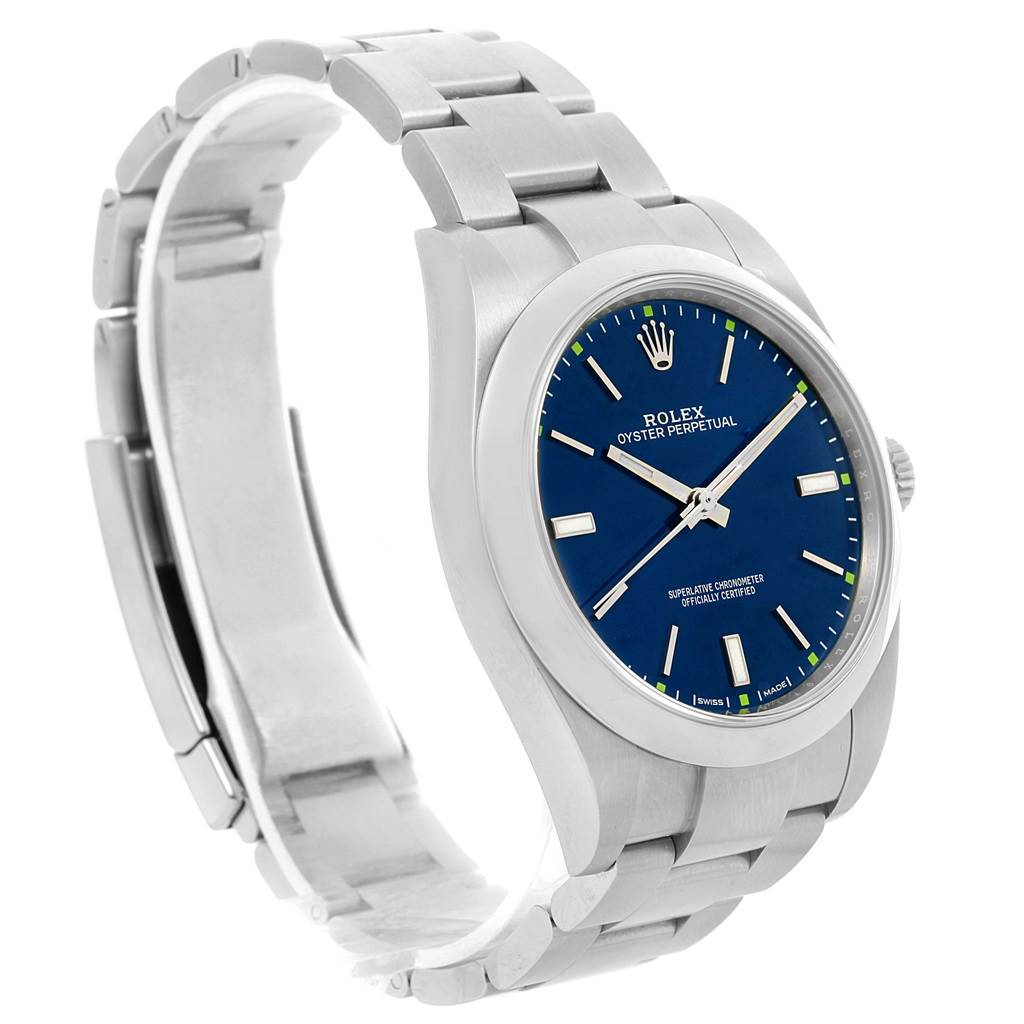 The image shows a Rolex Explorer 114300 Men's Stainless Steel Blue Dial 114300 Men's Stainless Steel Blue Dial watch at a three-quarter angle, highlighting the face, dial, bezel, and bracelet.