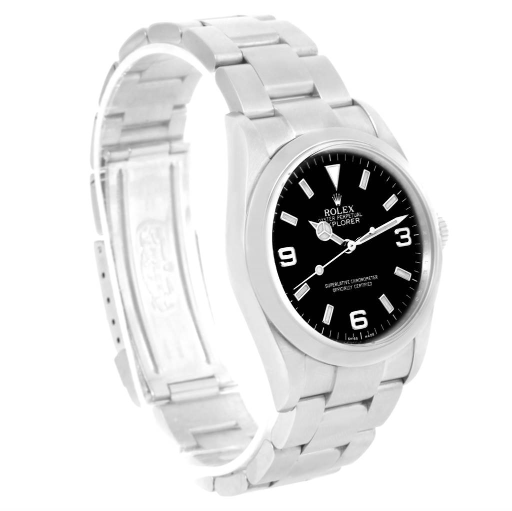 The image shows a Rolex Explorer 114270 Men's Stainless Steel Black Dial 114270 Men's Stainless Steel Black Dial watch at a slight angle, highlighting its face, case, and bracelet.