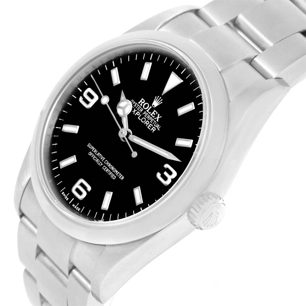The image shows a Rolex Explorer 114270 Men's Stainless Steel Black Dial 114270 Men's Stainless Steel Black Dial watch at a slight side angle, displaying the face, crown, and part of the bracelet.