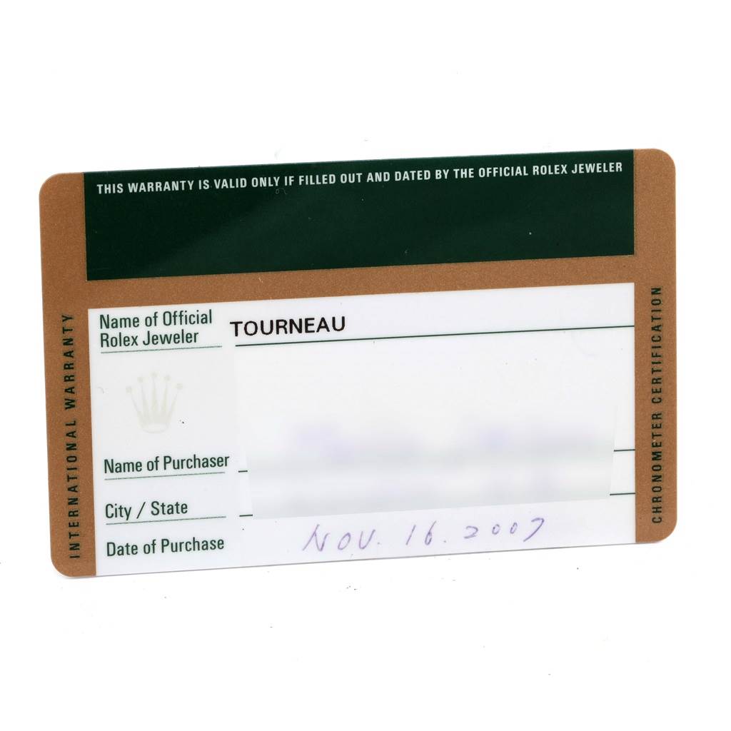 This is a warranty card for a Rolex Explorer 114270 Men's Stainless Steel Black Dial 114270 Men's Stainless Steel Black Dial model, showing the official jeweler, date of purchase, and certification details.