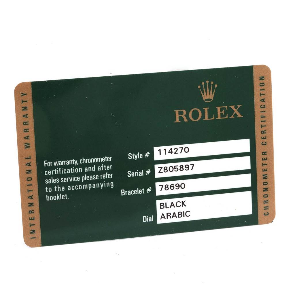 The image shows an International Warranty card for a Rolex Explorer 114270 Men's Stainless Steel Black Dial 114270 Men's Stainless Steel Black Dial model, detailing its style, serial, bracelet numbers, and dial type.