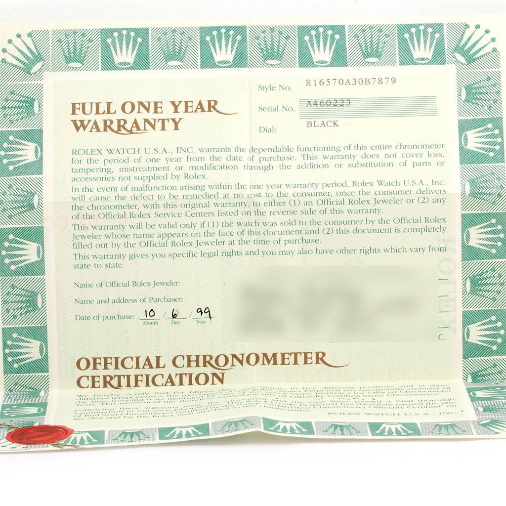 The image shows the warranty card for a Rolex Explorer 16570 Men's Stainless Steel Black Dial 16570 Men's Stainless Steel Black Dial model, detailing its serial number, dial color, and purchase information.