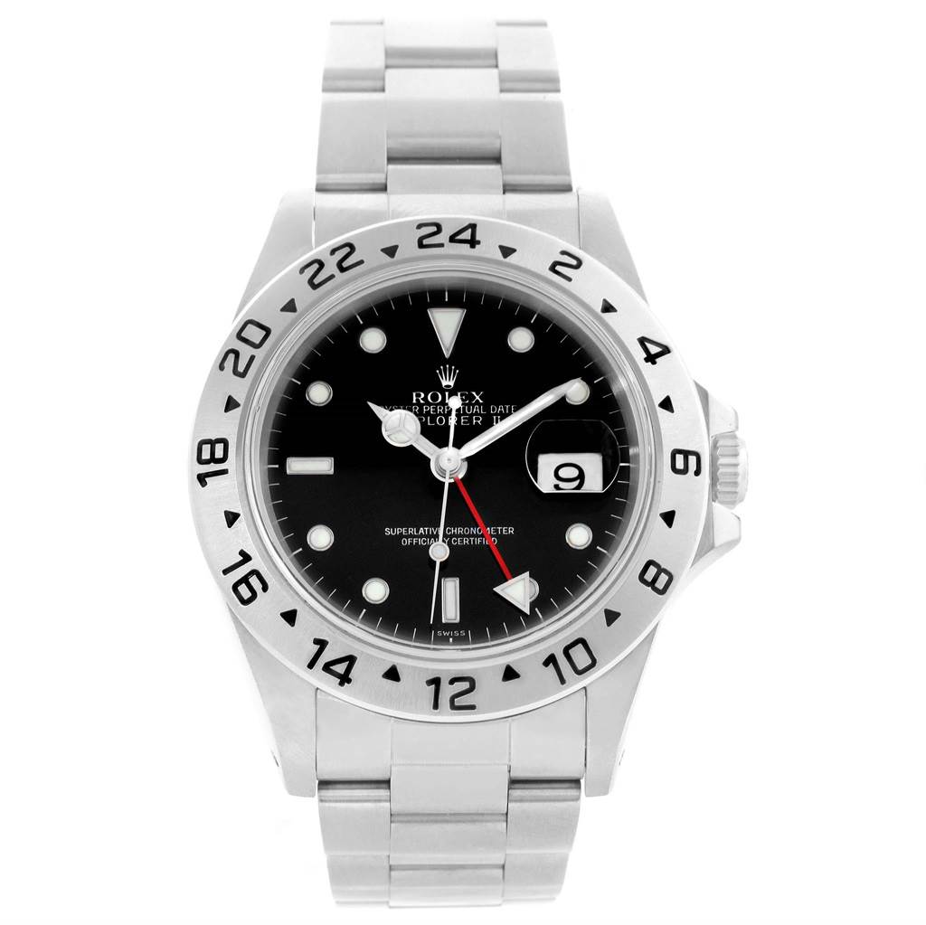 The image shows a front view of the Rolex Explorer 16570 Men's Stainless Steel Black Dial 16570 Men's Stainless Steel Black Dial watch, highlighting the dial, bezel, bracelet, and crown.