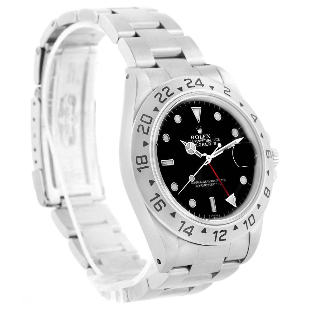 The Rolex Explorer 16570 Men's Stainless Steel Black Dial 16570 Men's Stainless Steel Black Dial watch is shown at an oblique angle highlighting its face, bezel, and stainless steel bracelet.