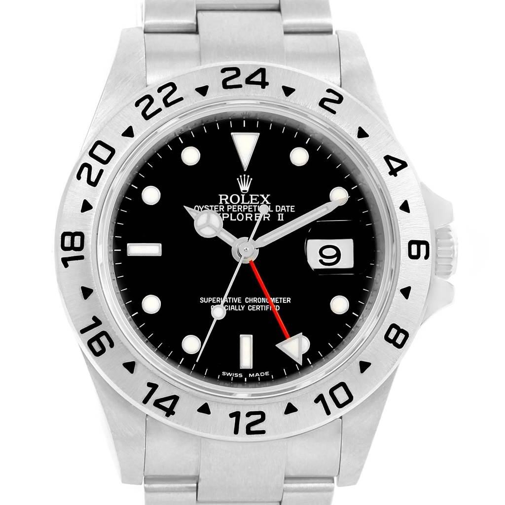 The image shows a front view of the Rolex Explorer 16570 Men's Stainless Steel Black Dial 16570 Men's Stainless Steel Black Dial watch, displaying its dial, bezel, and part of the bracelet.