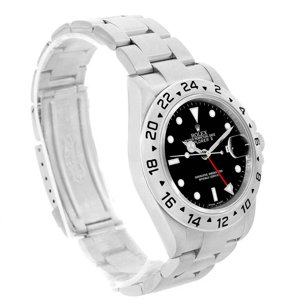 The Rolex Explorer 16570 Men's Stainless Steel Black Dial 16570 Men's Stainless Steel Black Dial watch is shown at a slightly tilted angle, displaying the face, bezel, and bracelet.