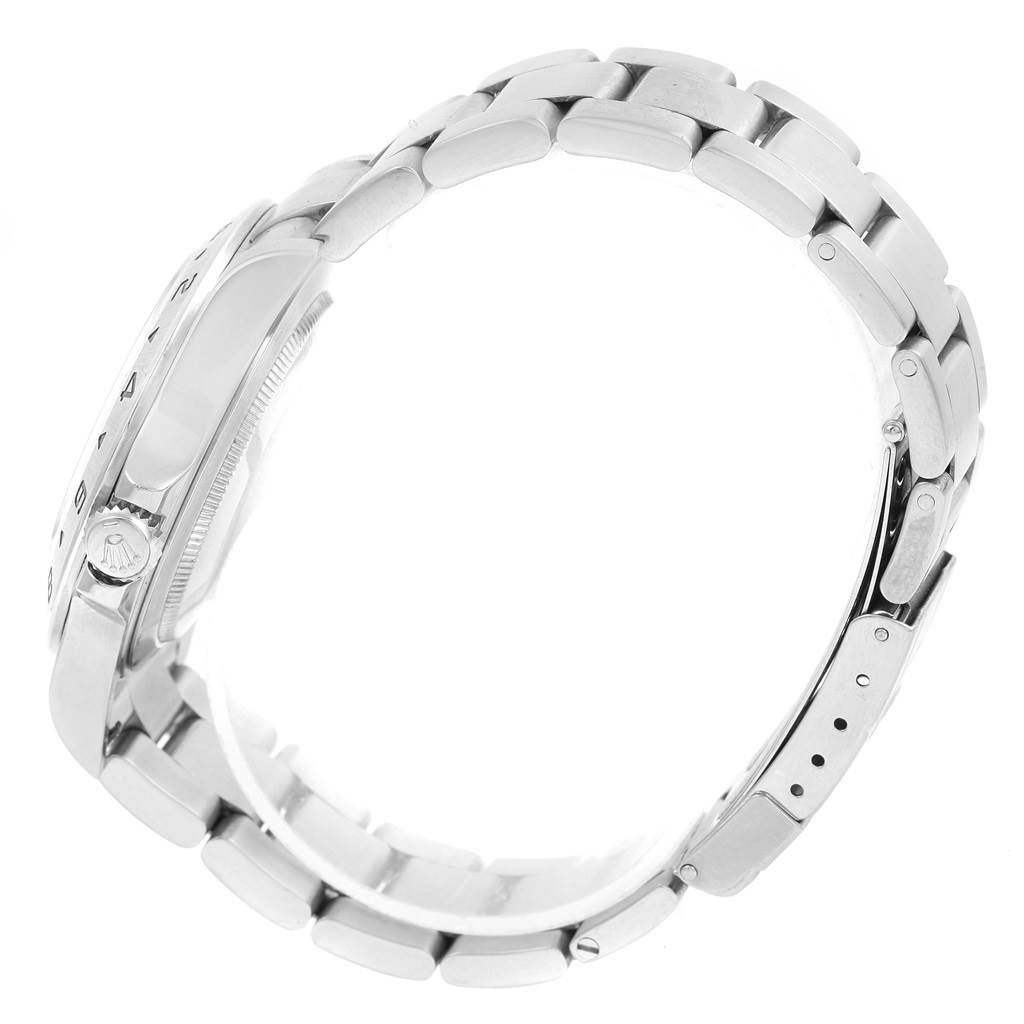 This image shows a side view of the Rolex Explorer 16570 Men's Stainless Steel White Dial 16570 Men's Stainless Steel White Dial's bracelet and case, highlighting the crown and clasp.