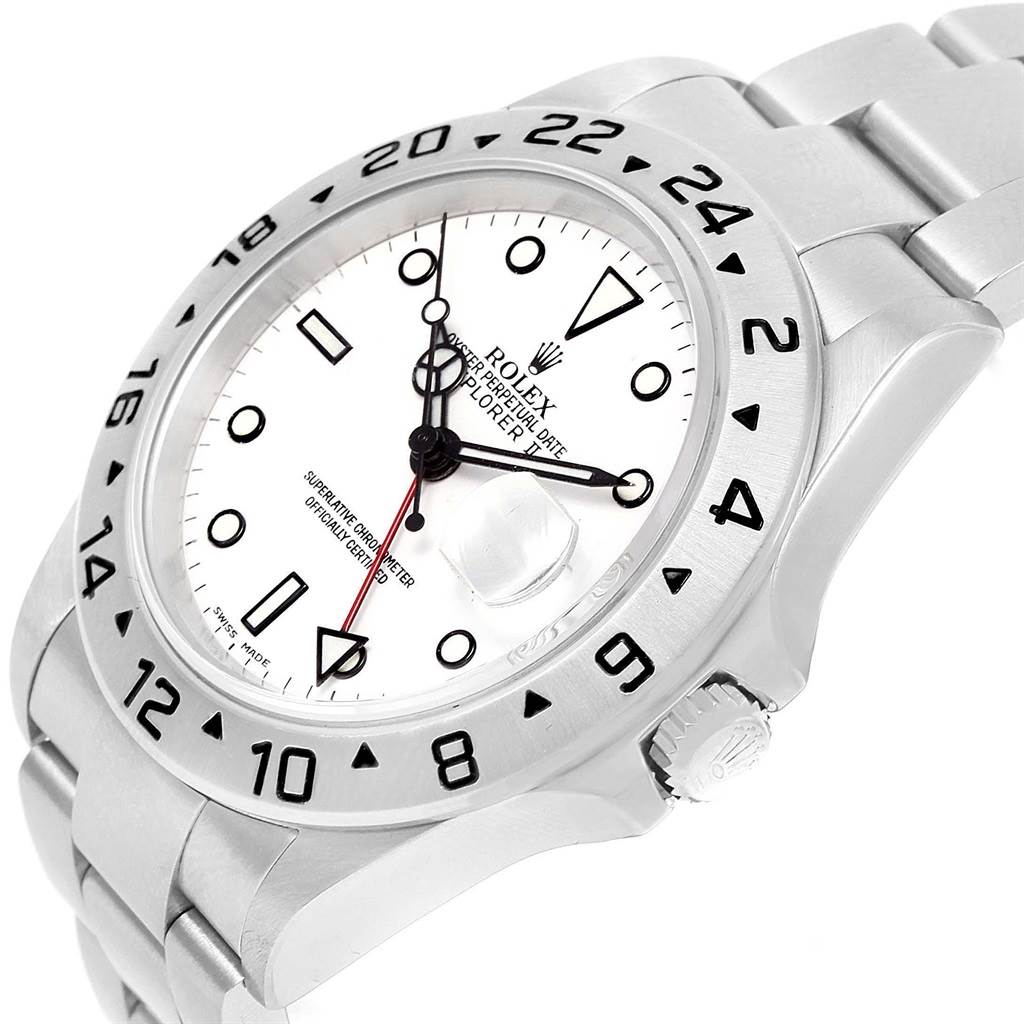 The image shows a close-up of the Rolex Explorer 16570 Men's Stainless Steel White Dial 16570 Men's Stainless Steel White Dial watch face, bezel, crown, and part of the bracelet at an angled view.