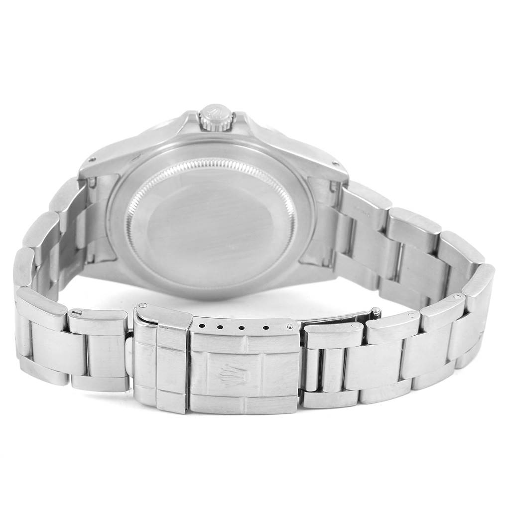 The image shows the back view of a Rolex Explorer 16570 Men's Stainless Steel White Dial 16570 Men's Stainless Steel White Dial watch highlighting its case back and bracelet.