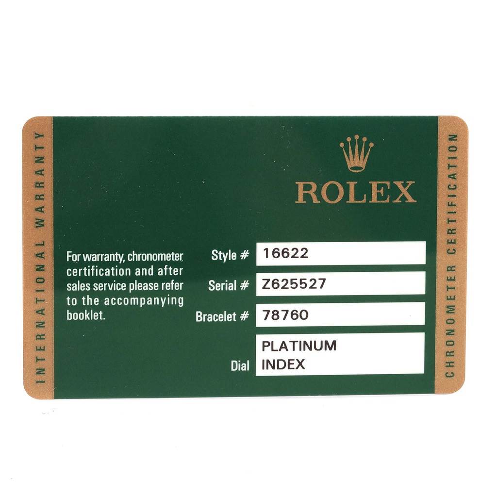 This image shows a Rolex warranty card for the Explorer model with style, serial, and bracelet numbers, and dial information.