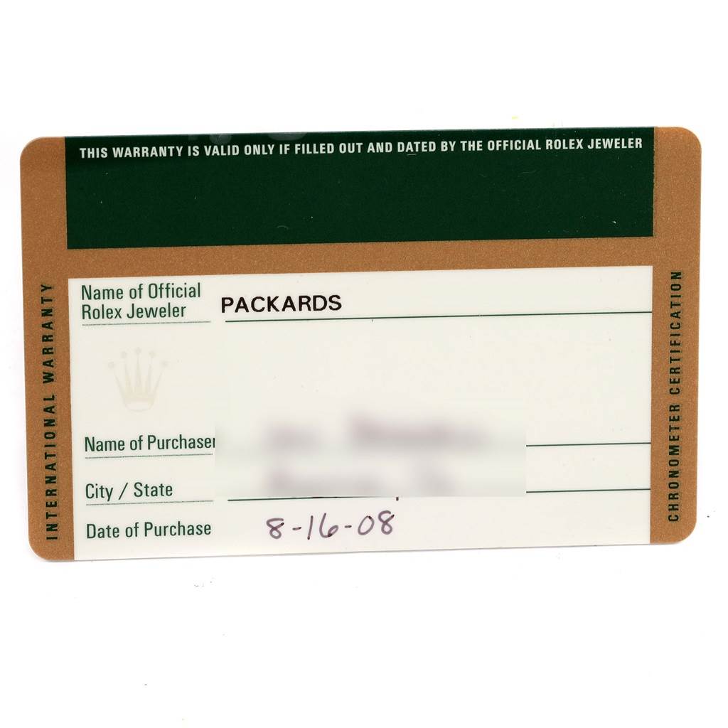 This image shows the warranty card for a Rolex Explorer 16622 Men's Stainless Steel Silver Dial 16622 Men's Stainless Steel Silver Dial watch, including the official jeweler's name, date of purchase, and certification details.